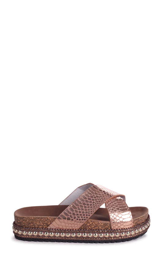 Oasis Rose Gold Snake Studded Platform Slider With Crossover Front Strap