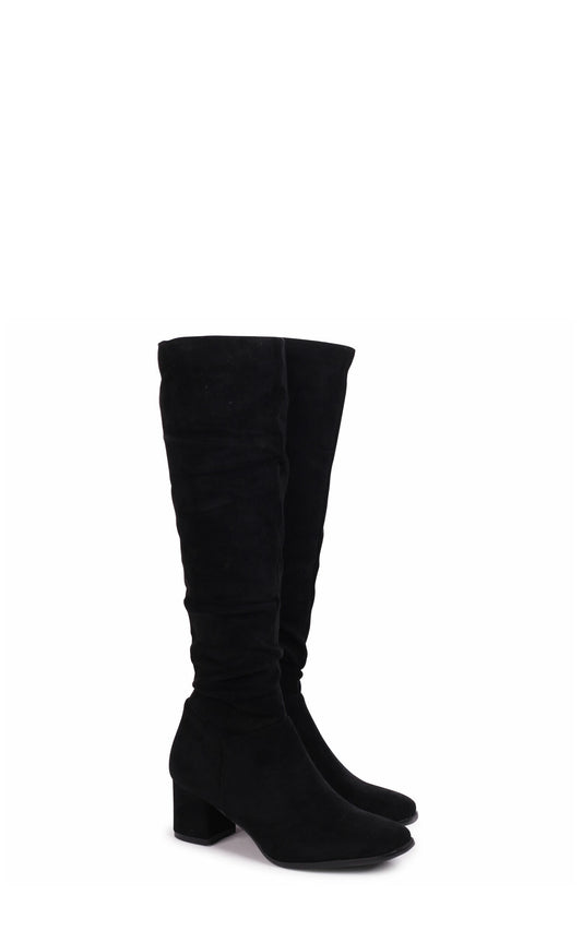 Zena Black Faux Suede Block Heel Knee High Ruched Boot With Square Toe