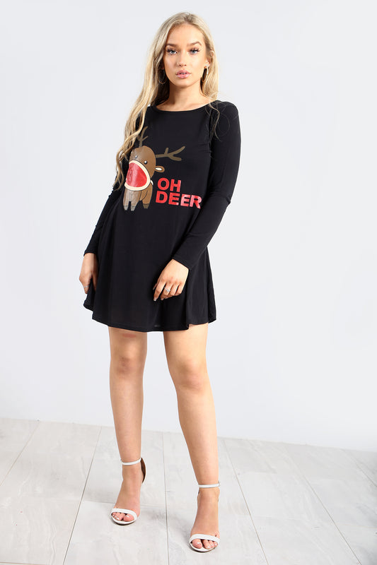 Amelie Christmas Reindeer Print Swing Dress