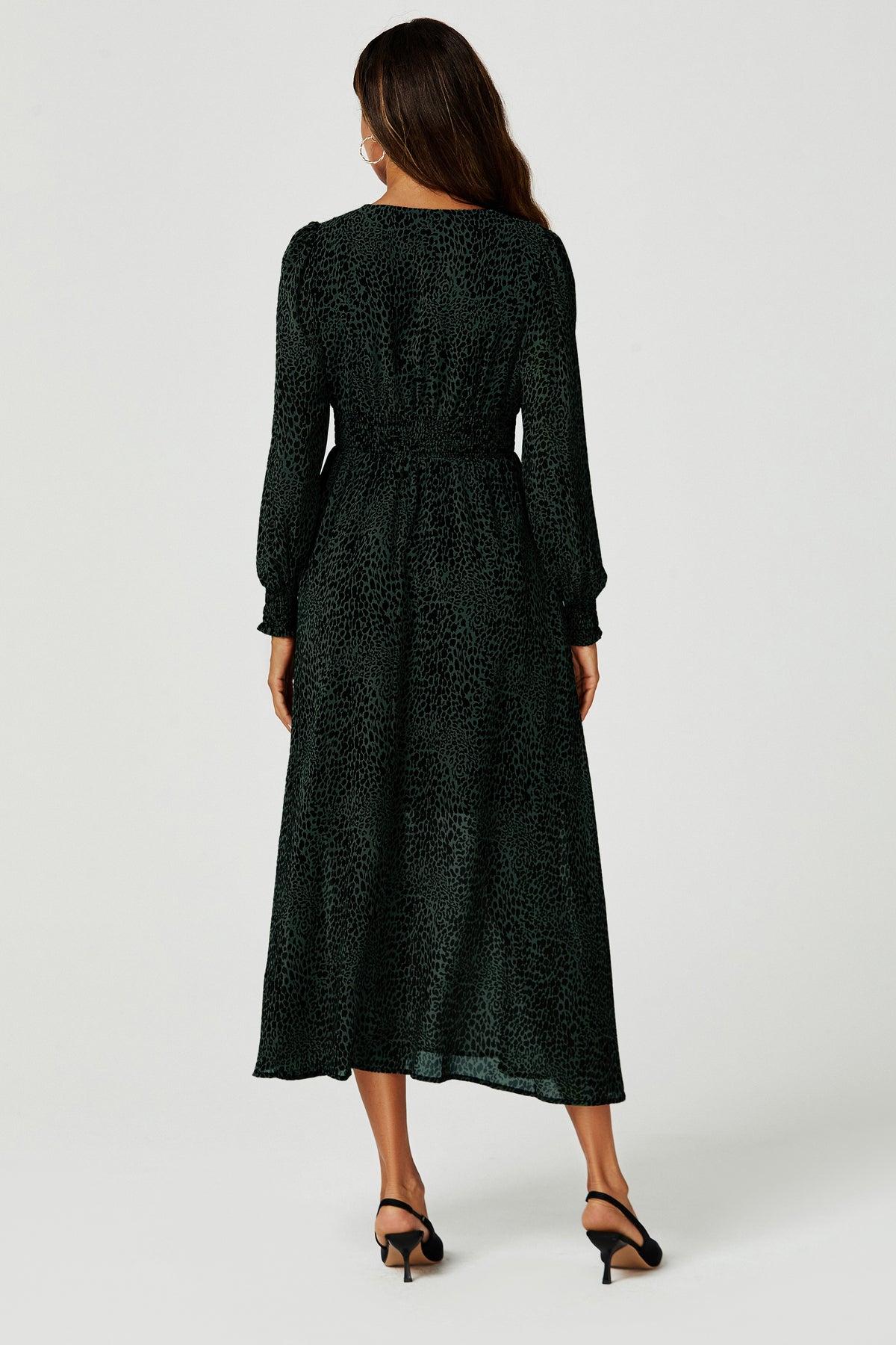 Leopard Print V Neckline Long Sleeve Maxi Dress In Dark Green