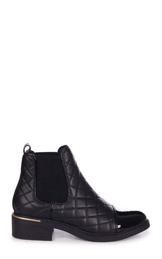 Zimi Black Nappa Quilted Chelsea Boot With Patent Toe Cap And Gold Heel Trim