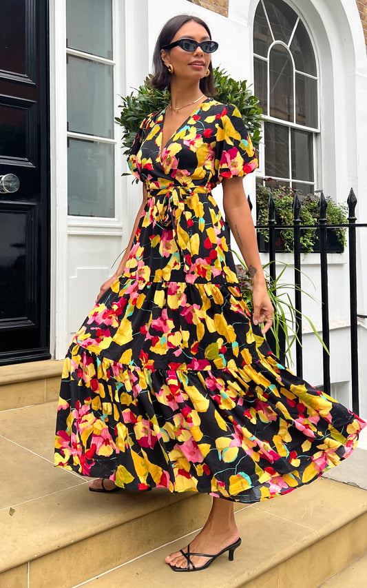 Multicolour floral print maxi tiered dress in black