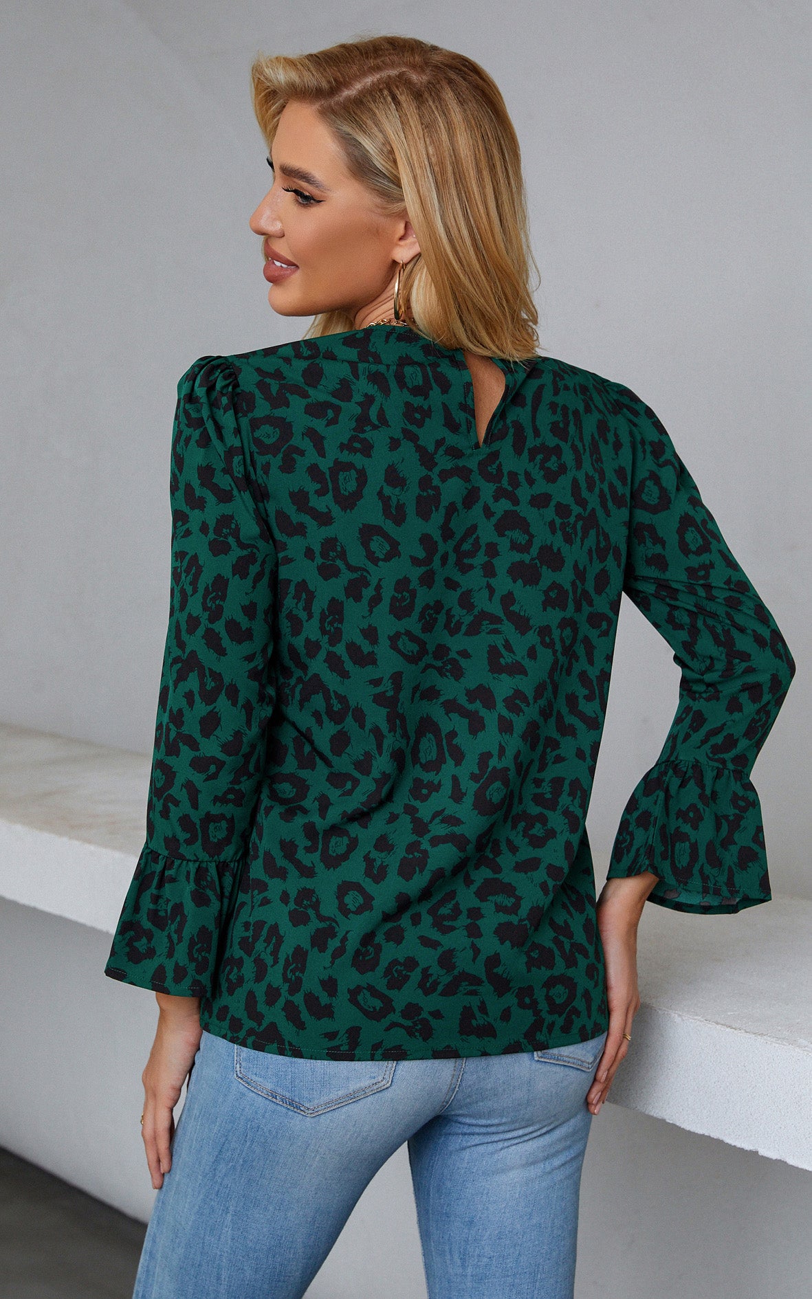 Frill Detail Cuff Top In Green Leopard