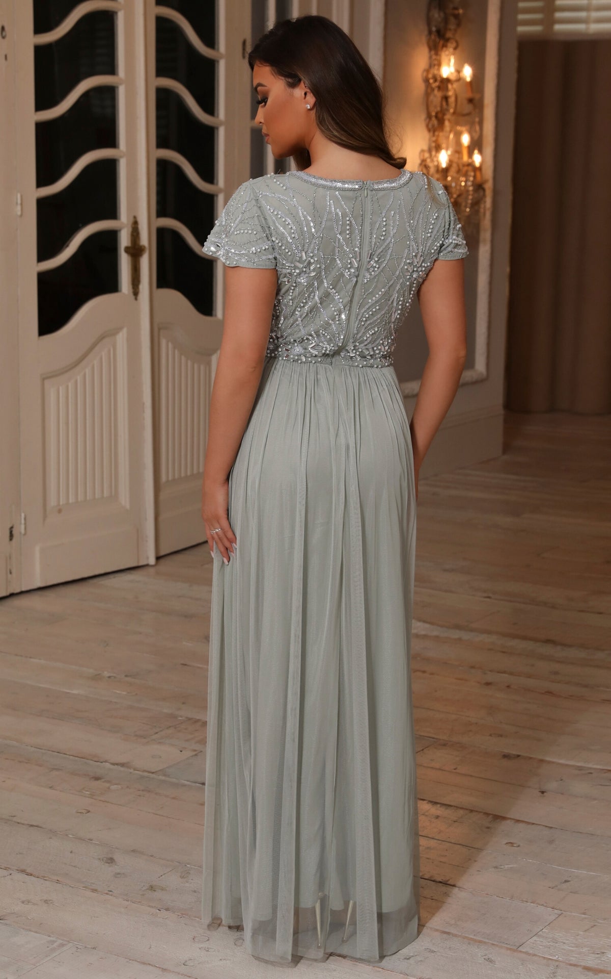 LILLIS EMBELLISHED LACE MAXI DRESS IN SAGE GREEN