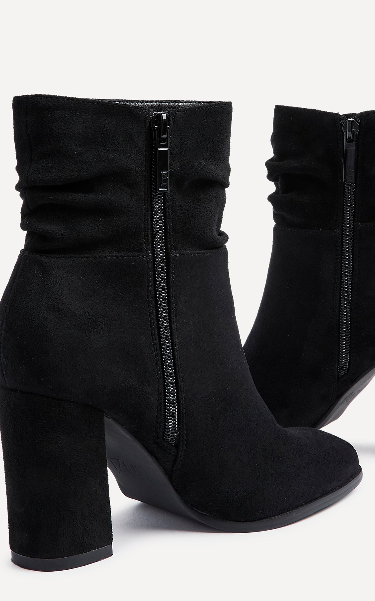 Mila Black Faux Suede Ruched Square Toe Block Heeled Ankle Boot