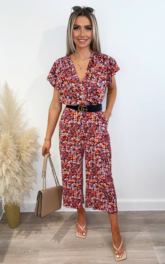 Red Abstract Wrap Over Jumpsuit