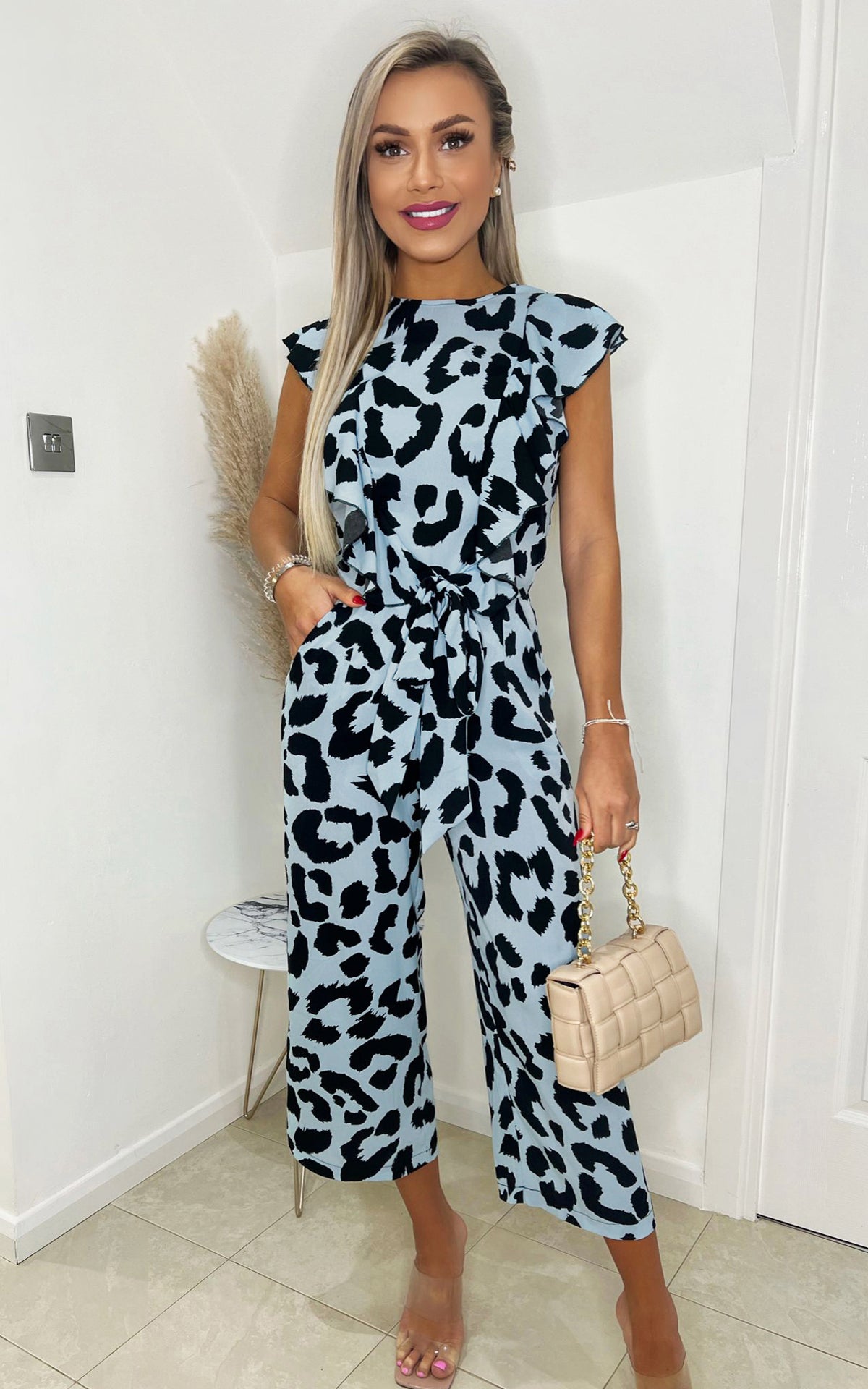 Blue Animal Print Frill Front Jumpsuit