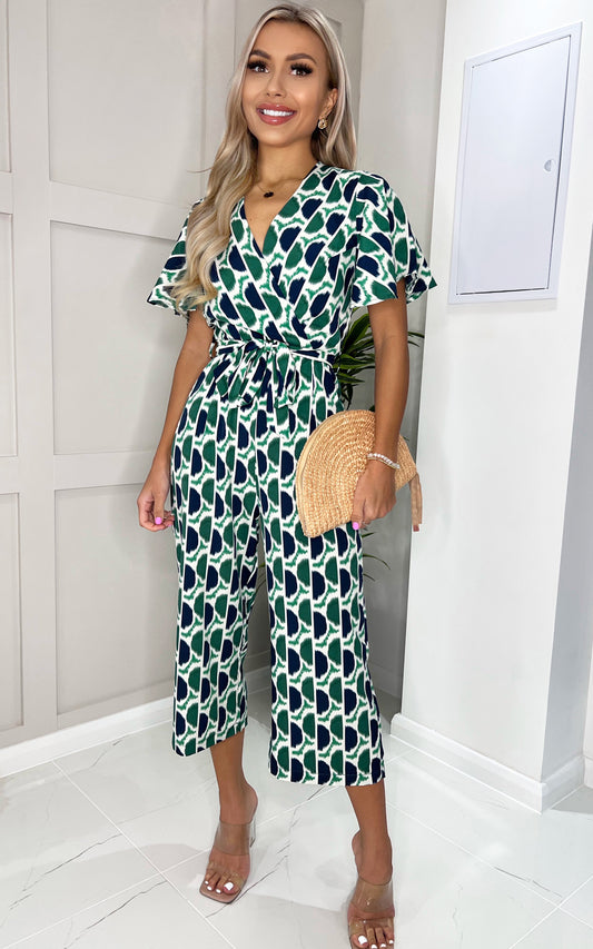 Green and Navy Printed Tie Waist Jumpsuit
