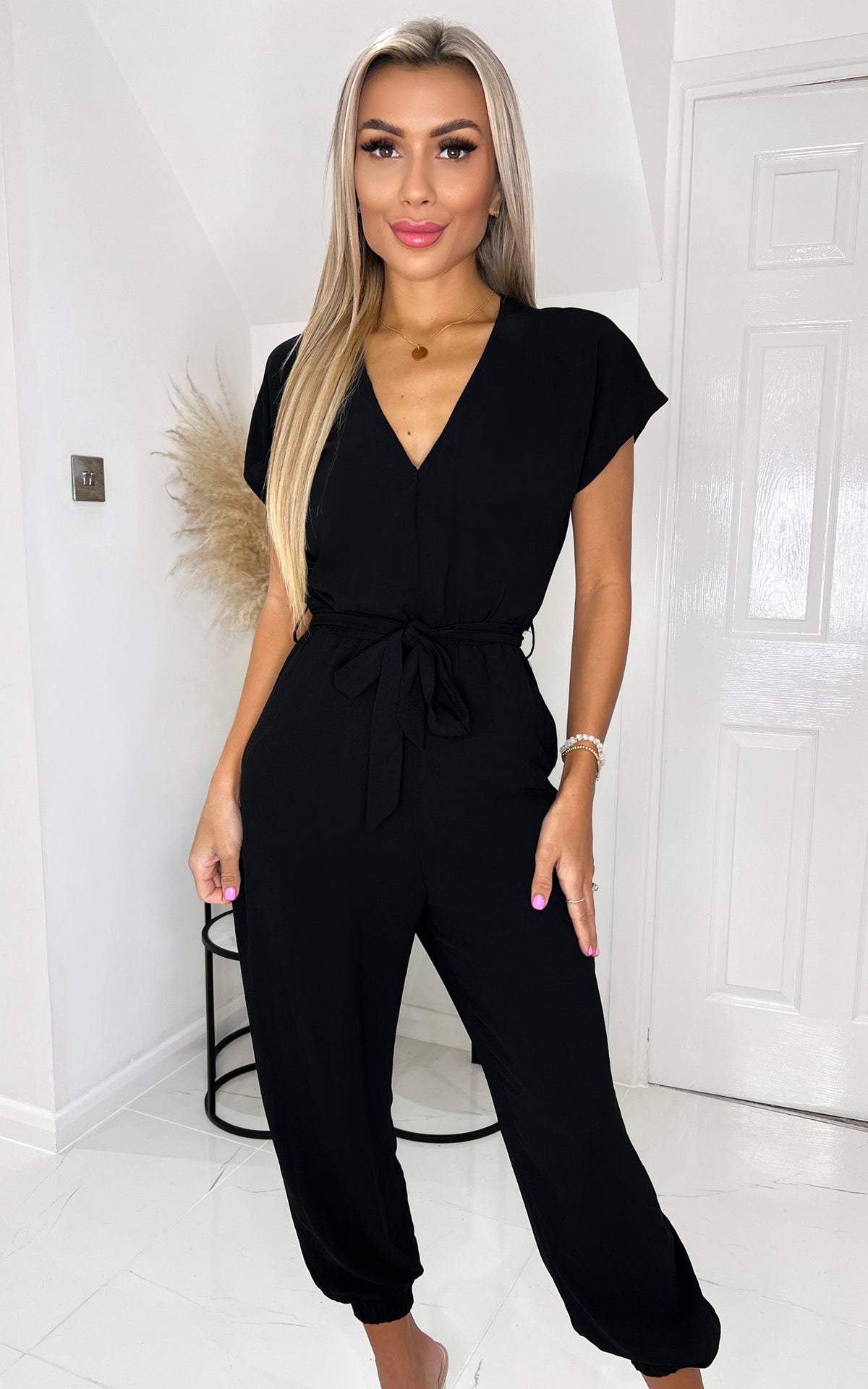 Black V Neck Short Sleeve Belted Elasticated Cuff Jumpsuit