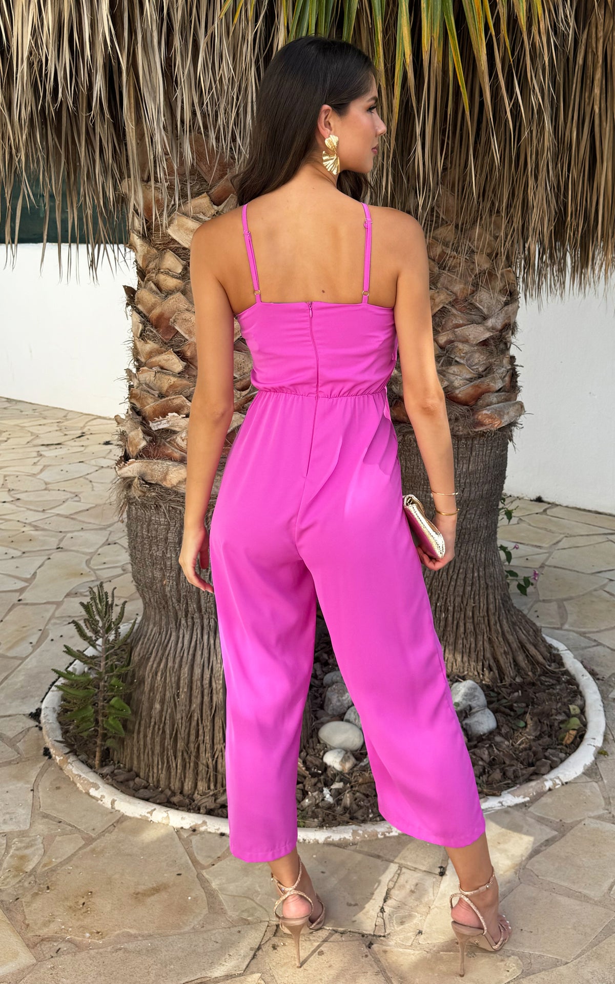 Hot Pink Strappy Racer Neck Jumpsuit