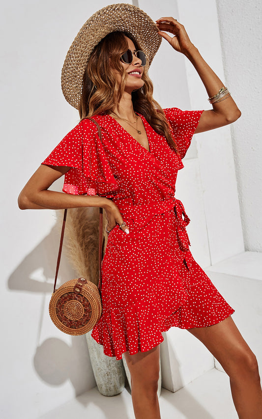 White Dot Mini Wrap Top Dress In Red