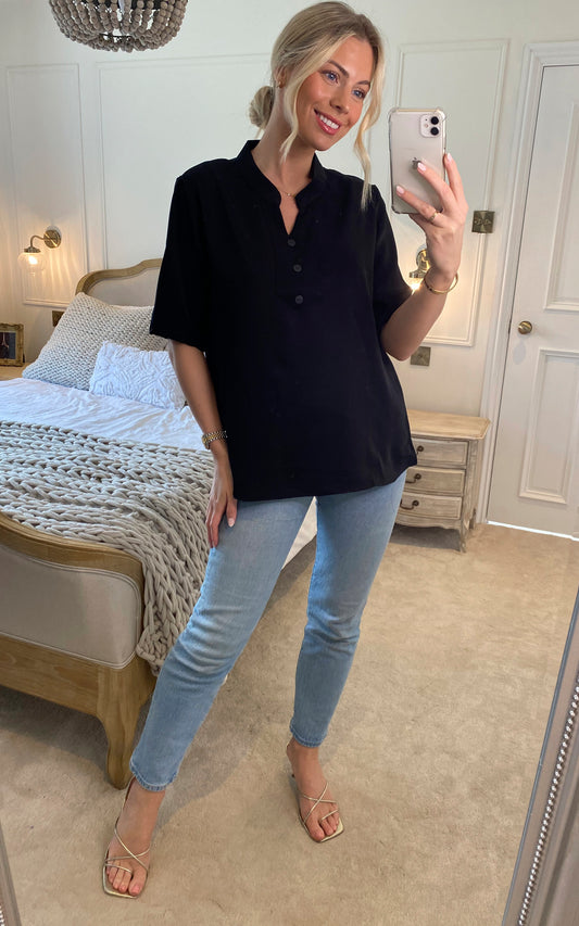 Relaxed Fit Short Sleeves Blouse with Button Details in Black