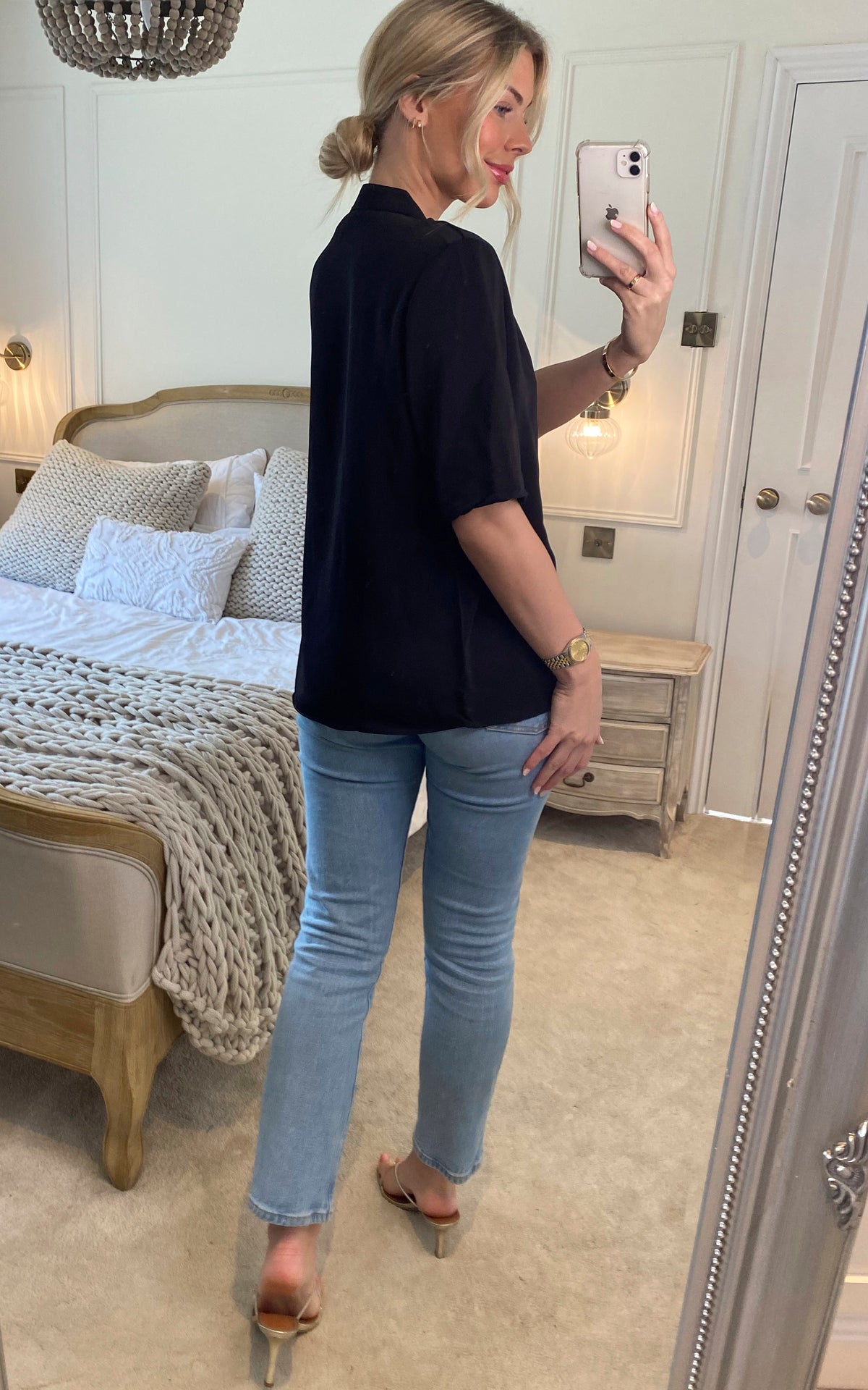 Relaxed Fit Short Sleeves Blouse with Button Details in Black