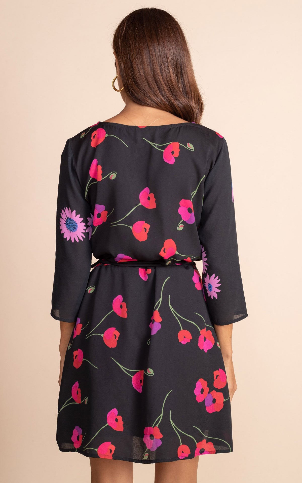 Teagan Mini Wrap Dress in Poppies on Black Mix Recycled Materials