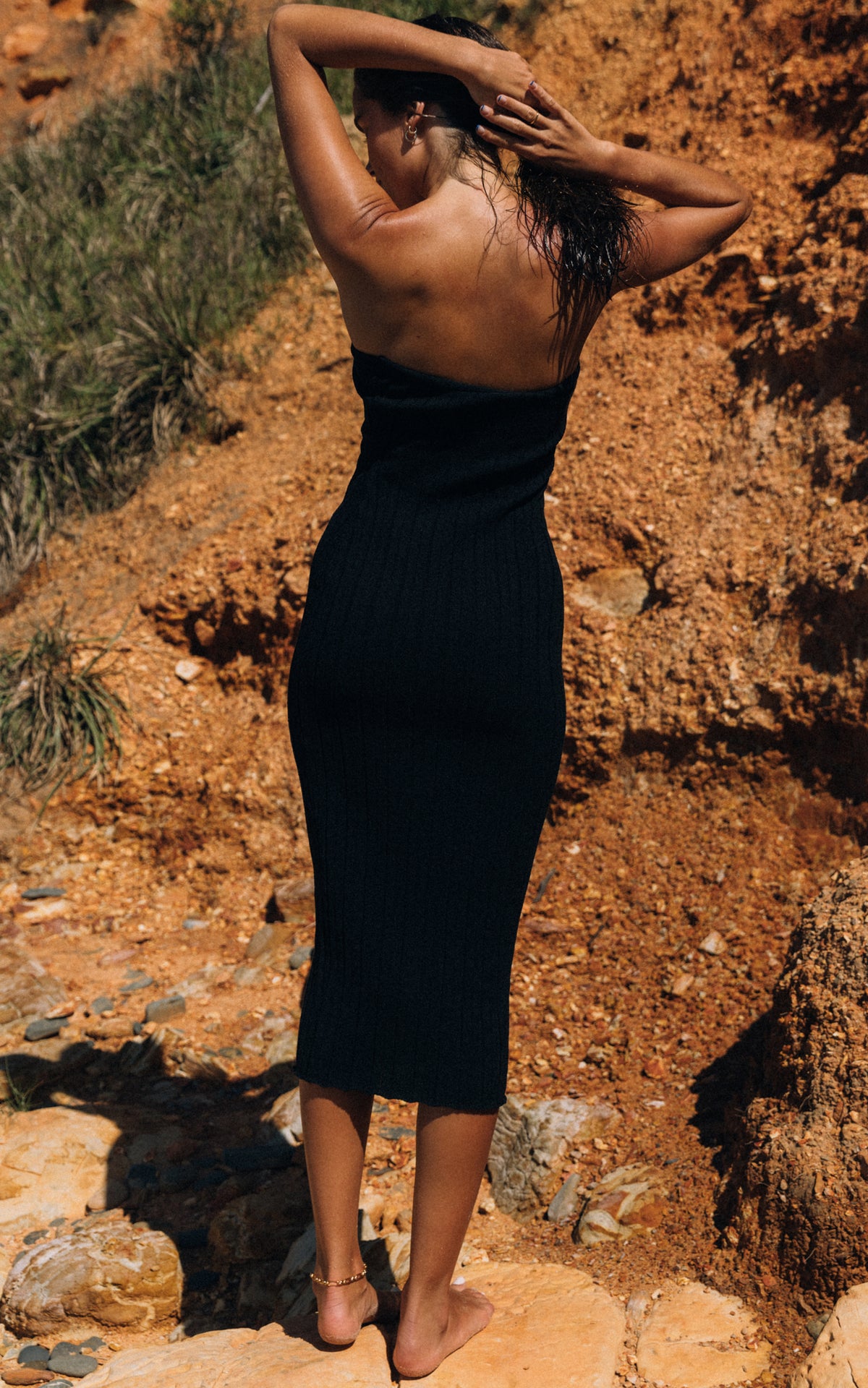 Strapless Knitted Midi Dress in Black