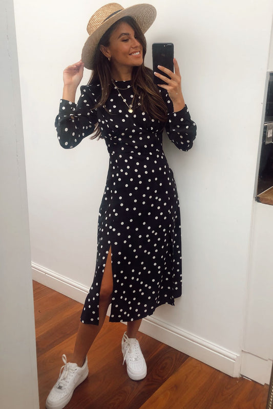 Cass Long Sleeves Split Leg Midi Dress Polka