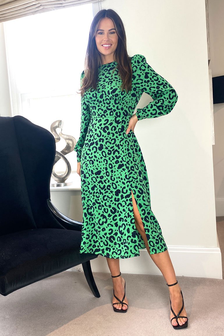 Cass Long Sleeve Split Leg Midi Dress Bright Green Leopard