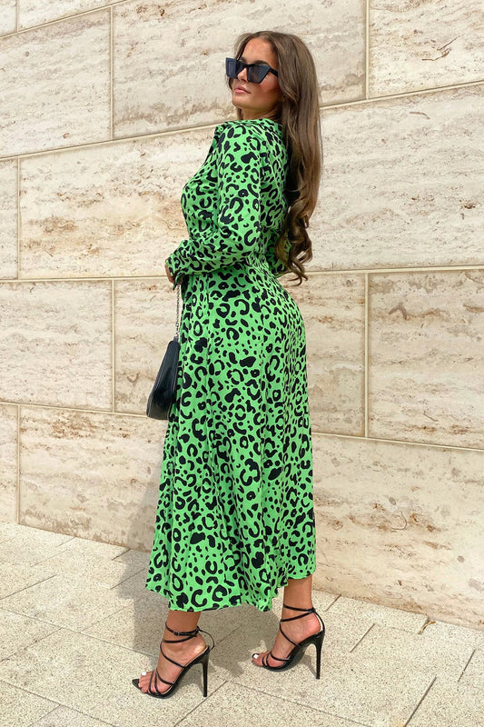 Brielle Long Sleeve Shirt Maxi Dress Green Leopard