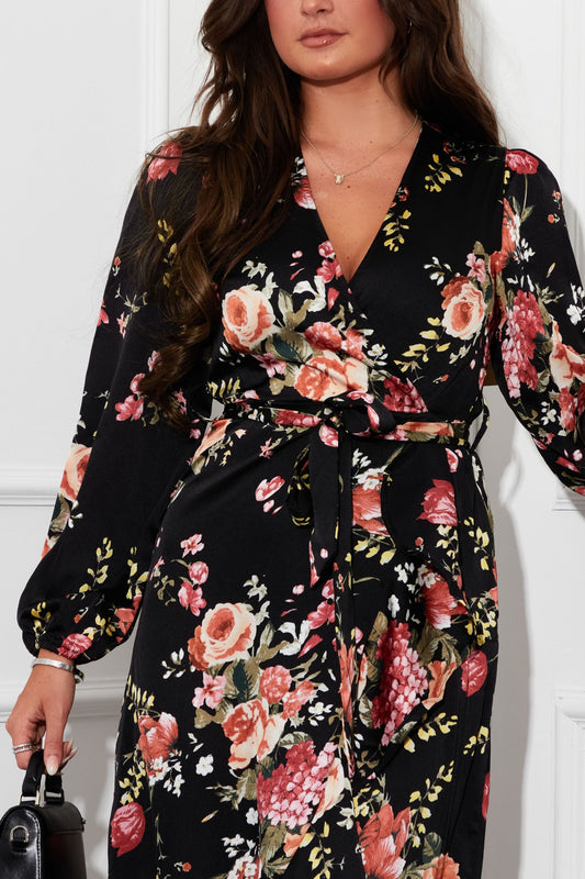 Thea Black Floral Long Sleeve Wrap Midaxi Dress