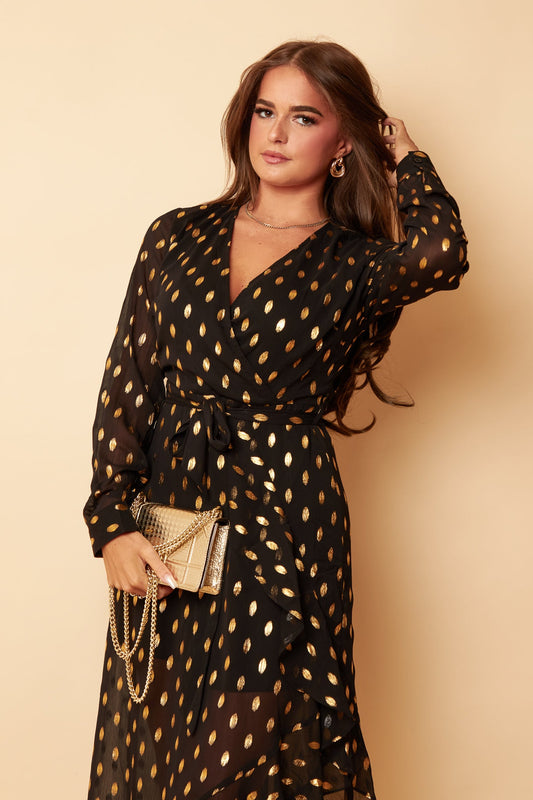 Black & Gold Foil Asymmetric Midi Dress