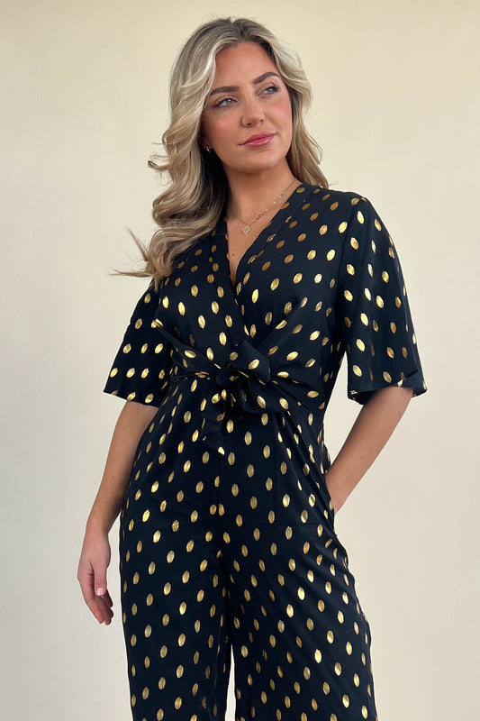 Freya Black And Gold Foil Wrap Detail Culotte Jumpsuit