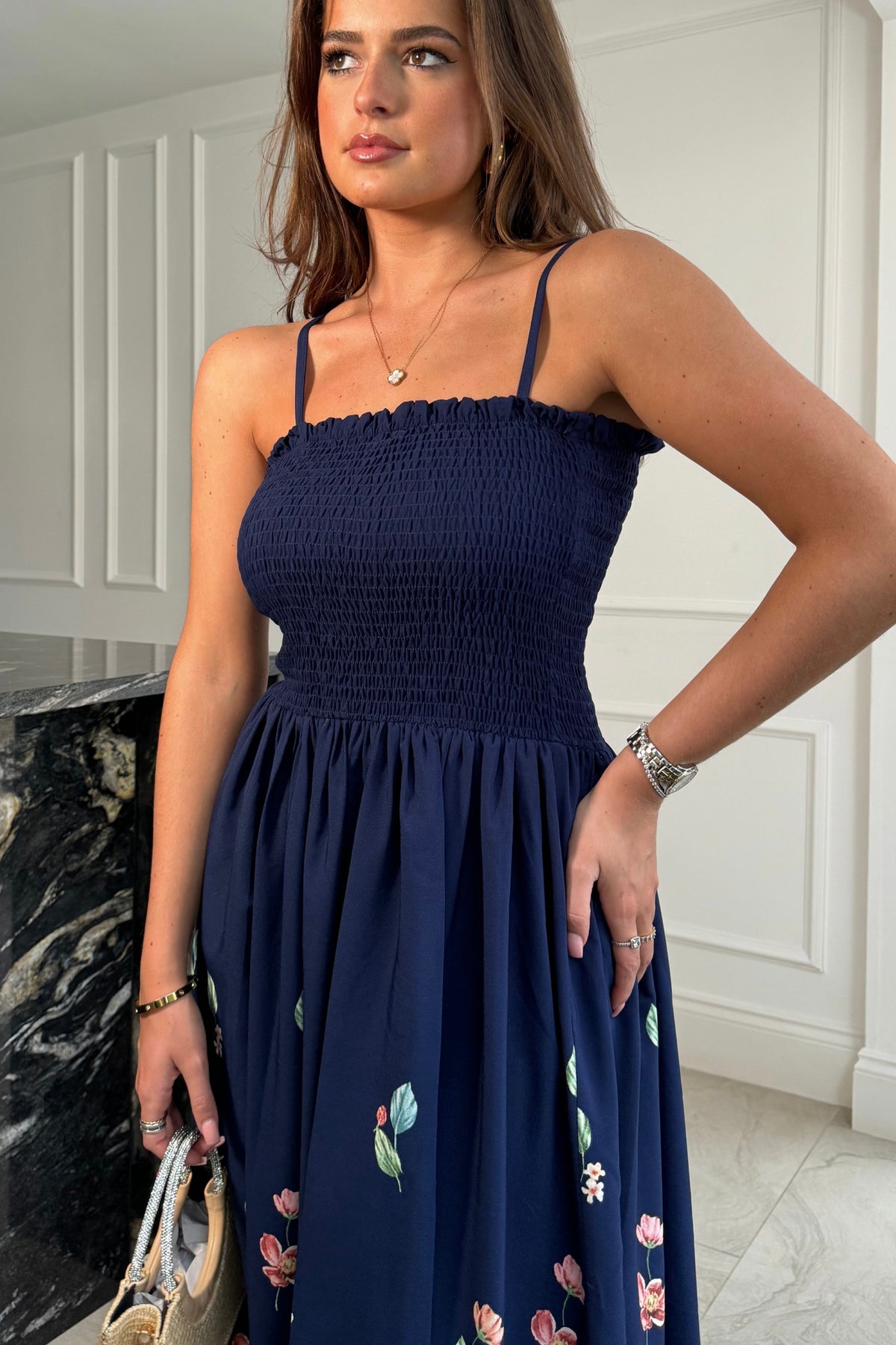 Abby Navy Boarder Print Maxi Dress