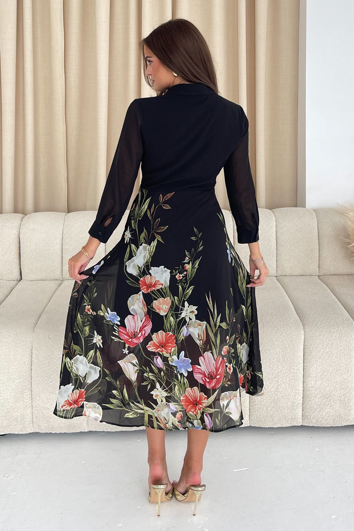 Isabella Floral Tie Front Shirt Dress Black Floral