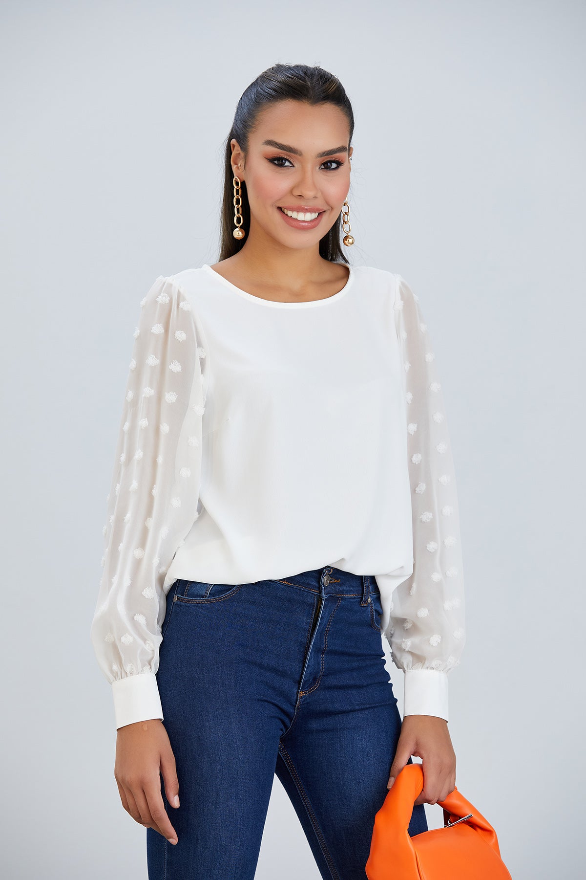 Textured Long Sleeve White Blouse