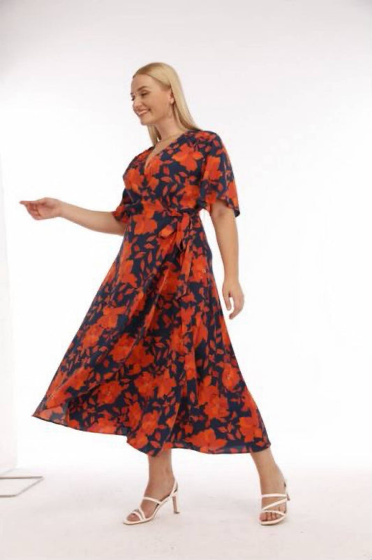 Plus Size Orange/navy floral print plunge neck maxi wrap dress