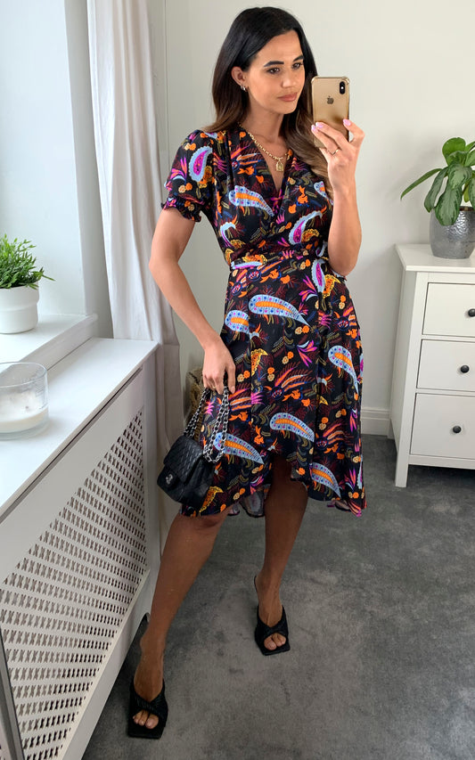 Paisley floral print wrap midi dress in multicolour