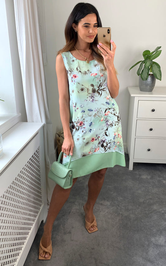 Sleeveless shift dress in mint green watercolour floral