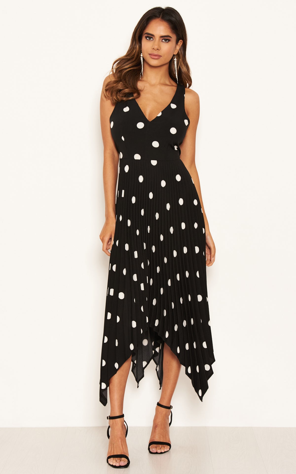 Asymmetric Pleated Dress in Black Polka Dot