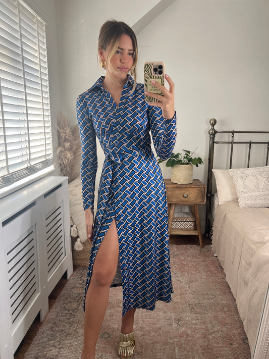 Midi Wrap Dress In Blue Print