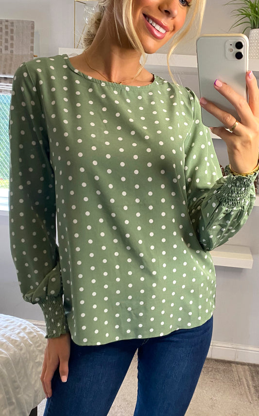 Mint Polka Dot Long Sleeve Blouse