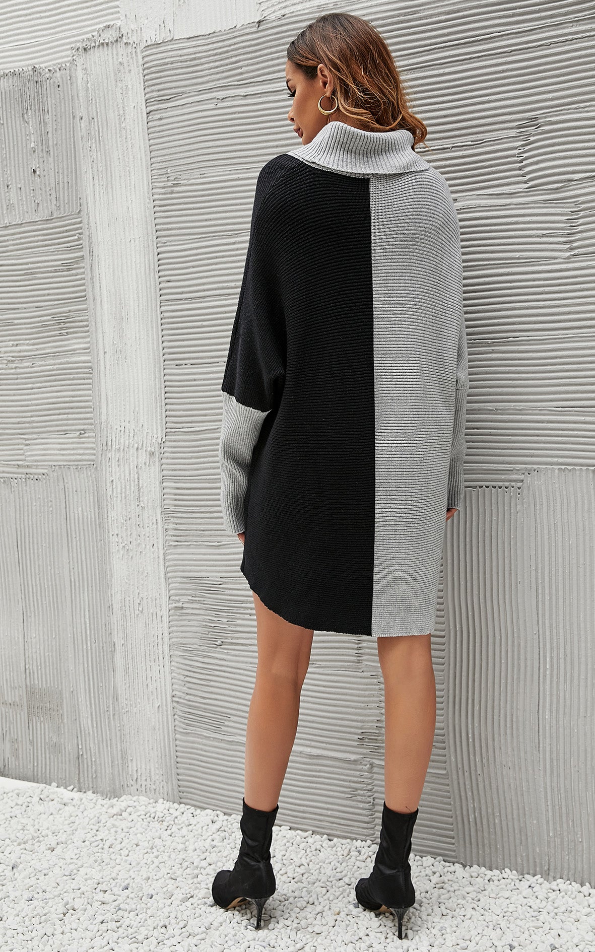High Neck Half Grey & Black Block Colour Jumper Top