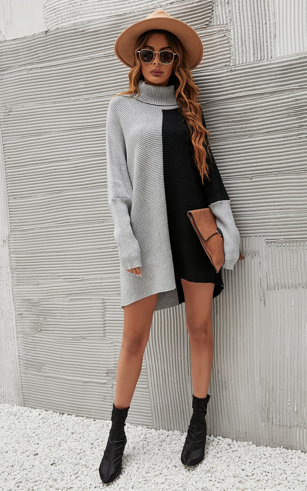 High Neck Half Grey & Black Block Colour Jumper Top