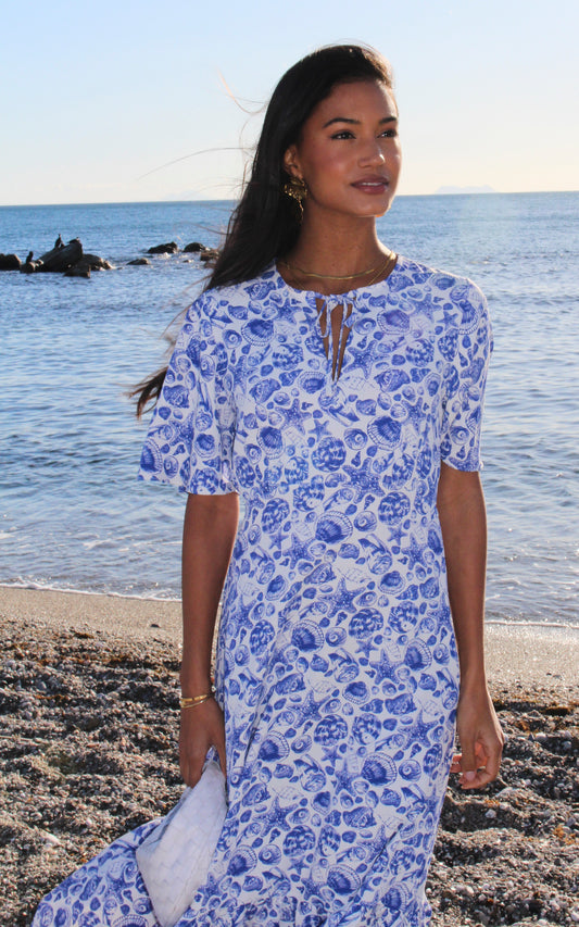 Short Sleeve Tie Neck Printed Midi Dress In Blue Print