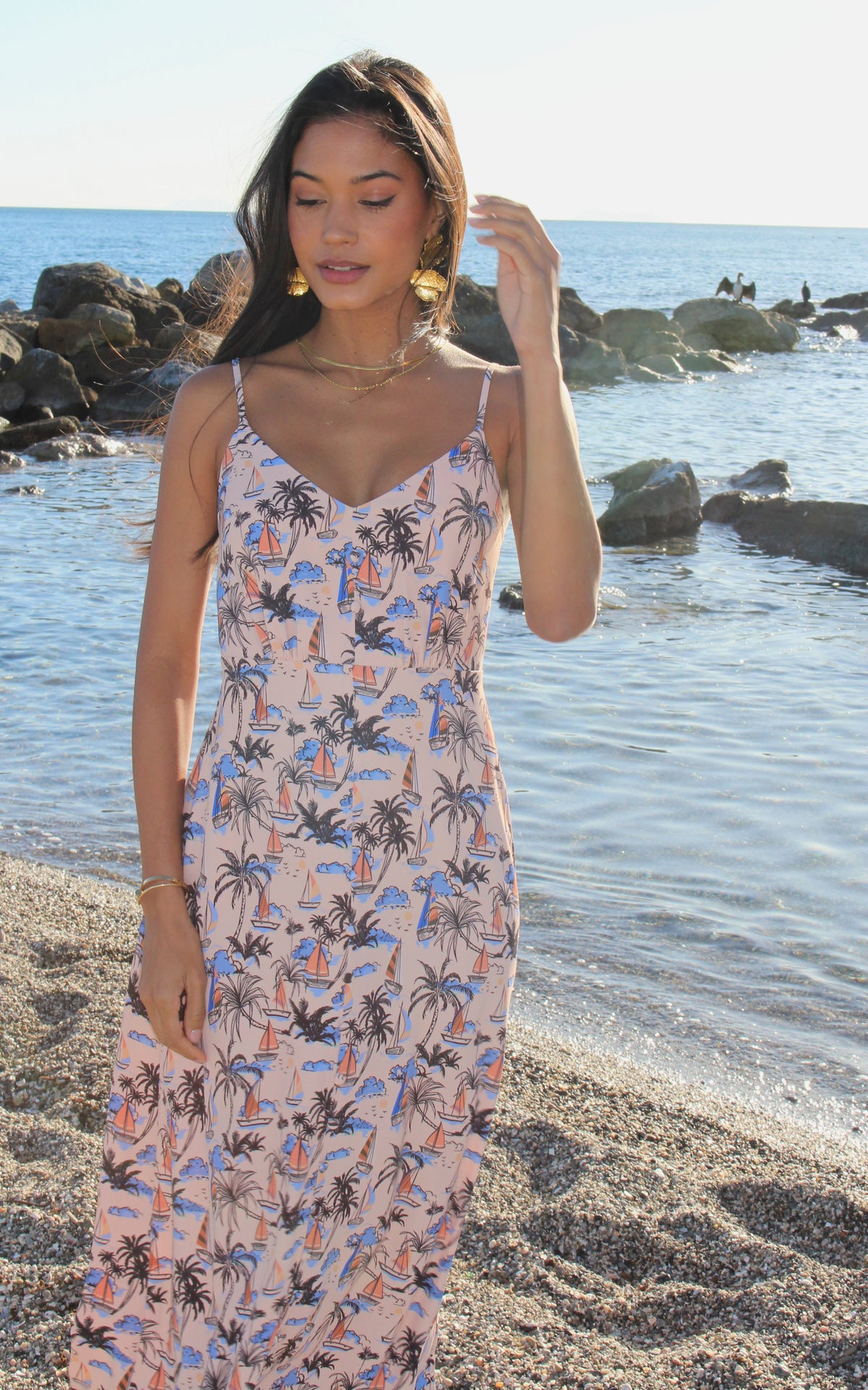 Button through Strappy Maxi in Pink Print