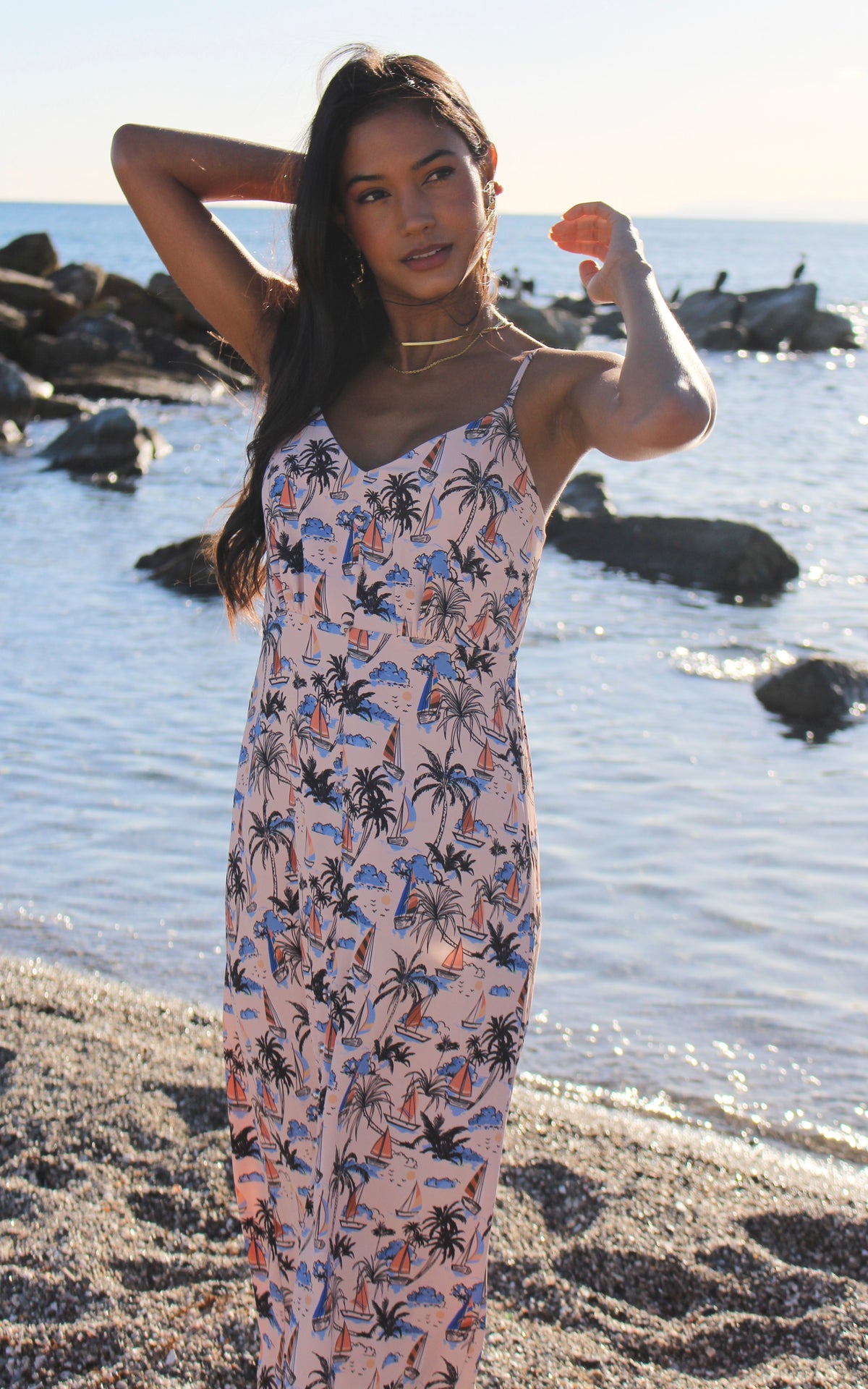 Button through Strappy Maxi in Pink Print