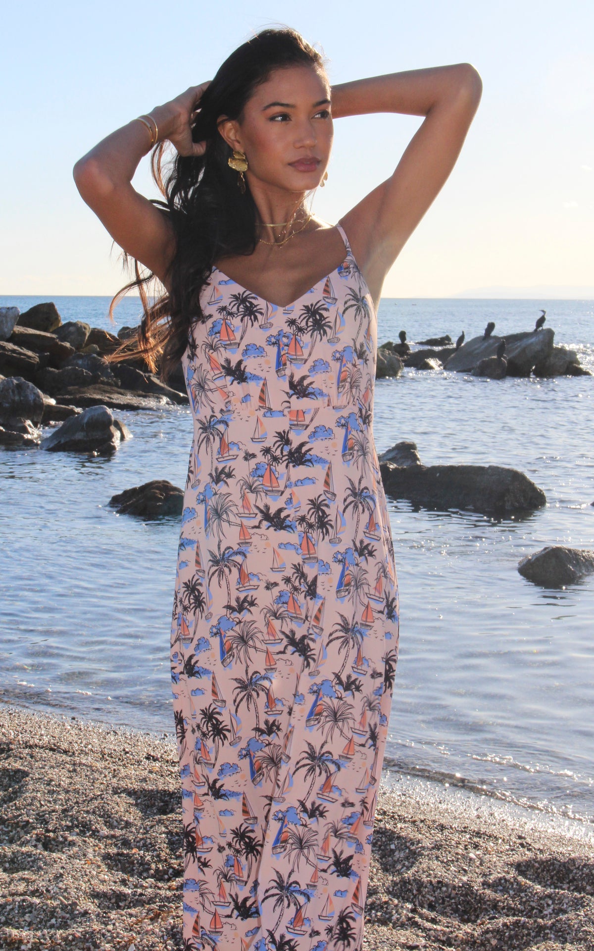 Button through Strappy Maxi in Pink Print