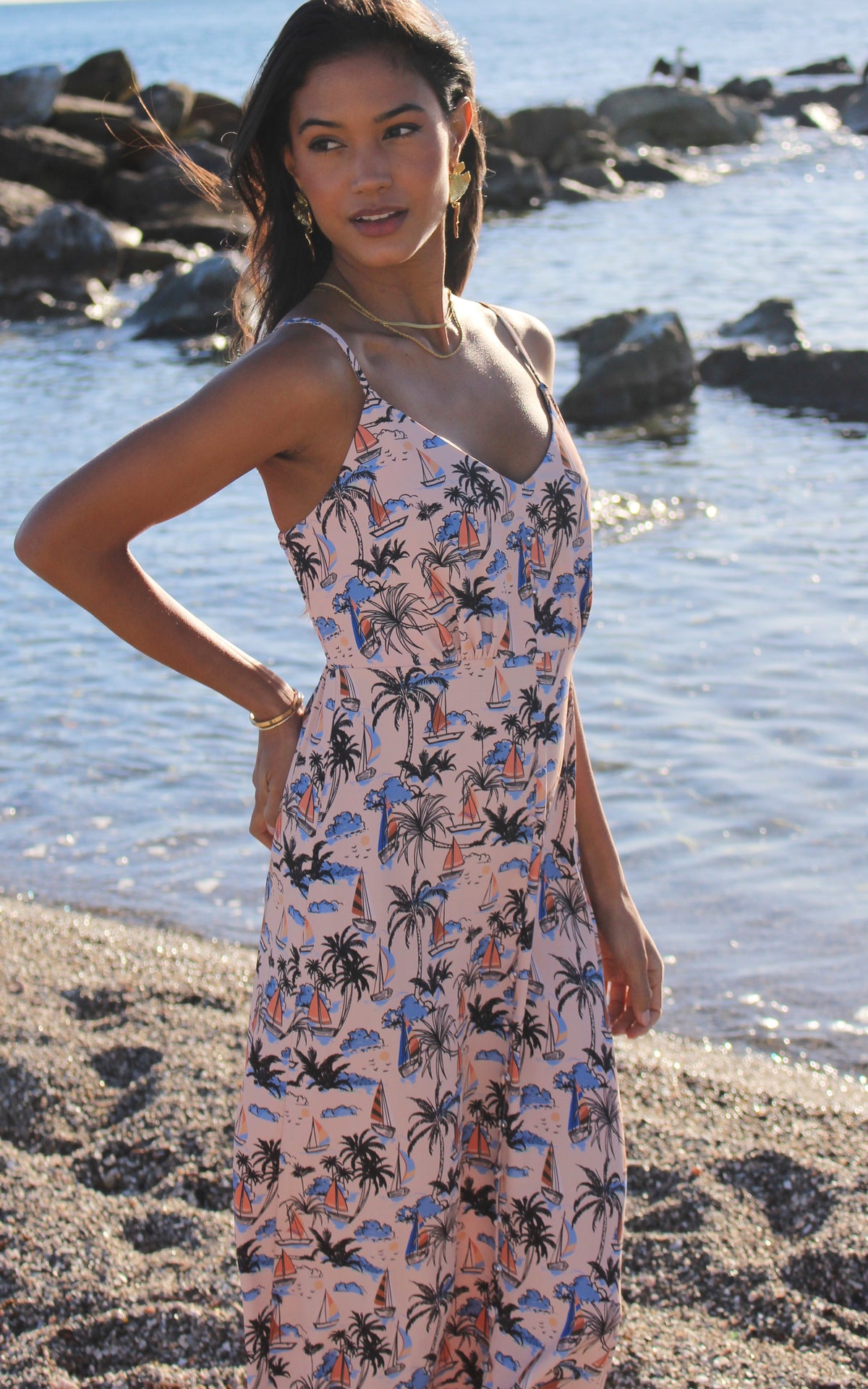Button through Strappy Maxi in Pink Print