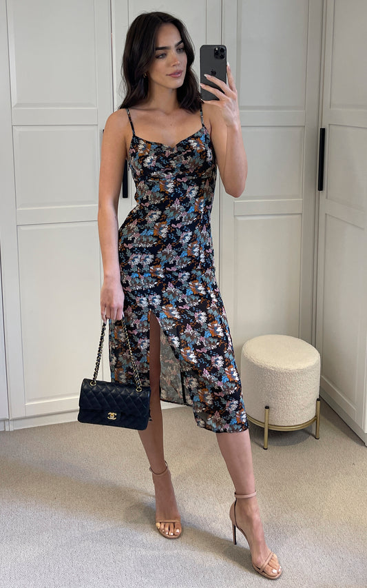 Floral print cami midi dress with side split in multicolour
