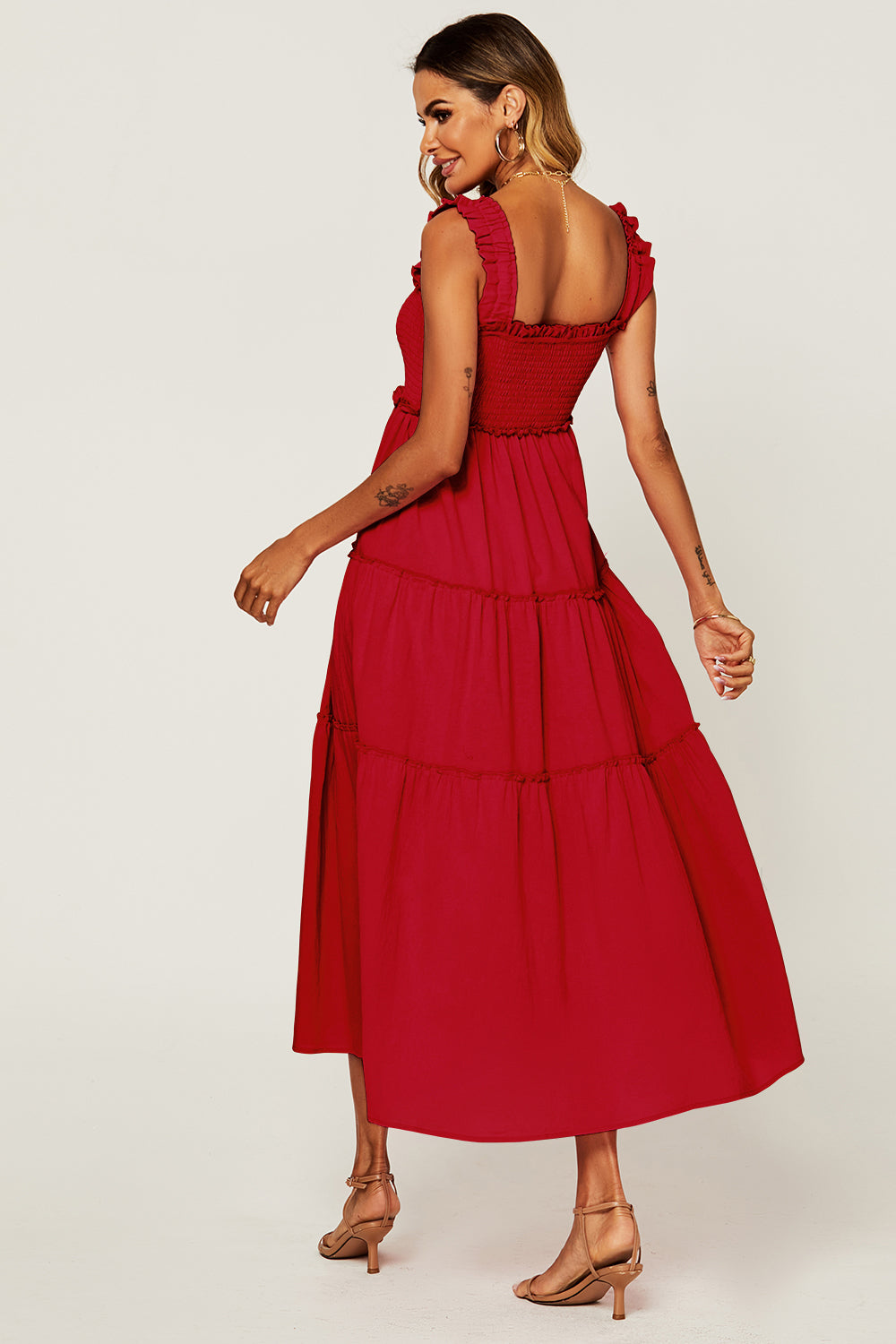 Hem Detail Tiered Maxi Dress In Light Red