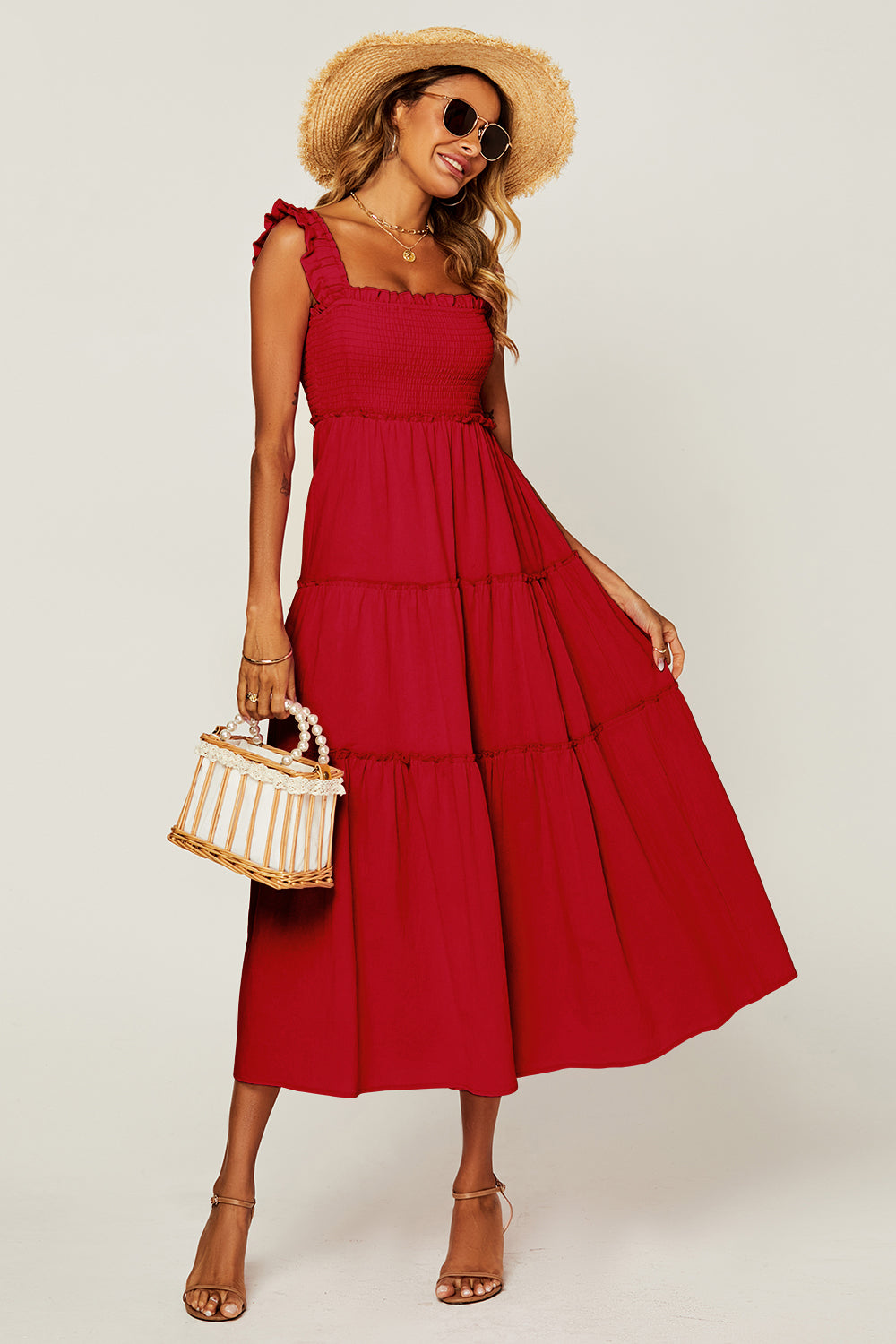 Hem Detail Tiered Maxi Dress In Light Red