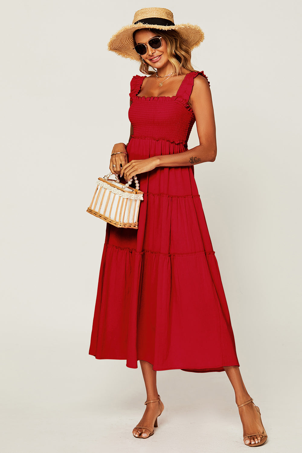 Hem Detail Tiered Maxi Dress In Light Red