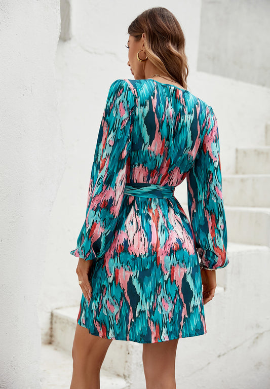 Long Sleeve Wrap Top Mini Dress In Multi Colour Printed