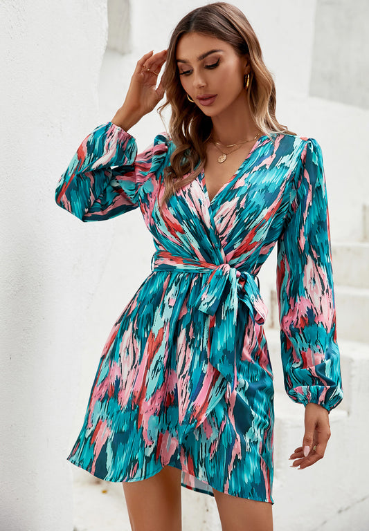 Long Sleeve Wrap Top Mini Dress In Multi Colour Printed