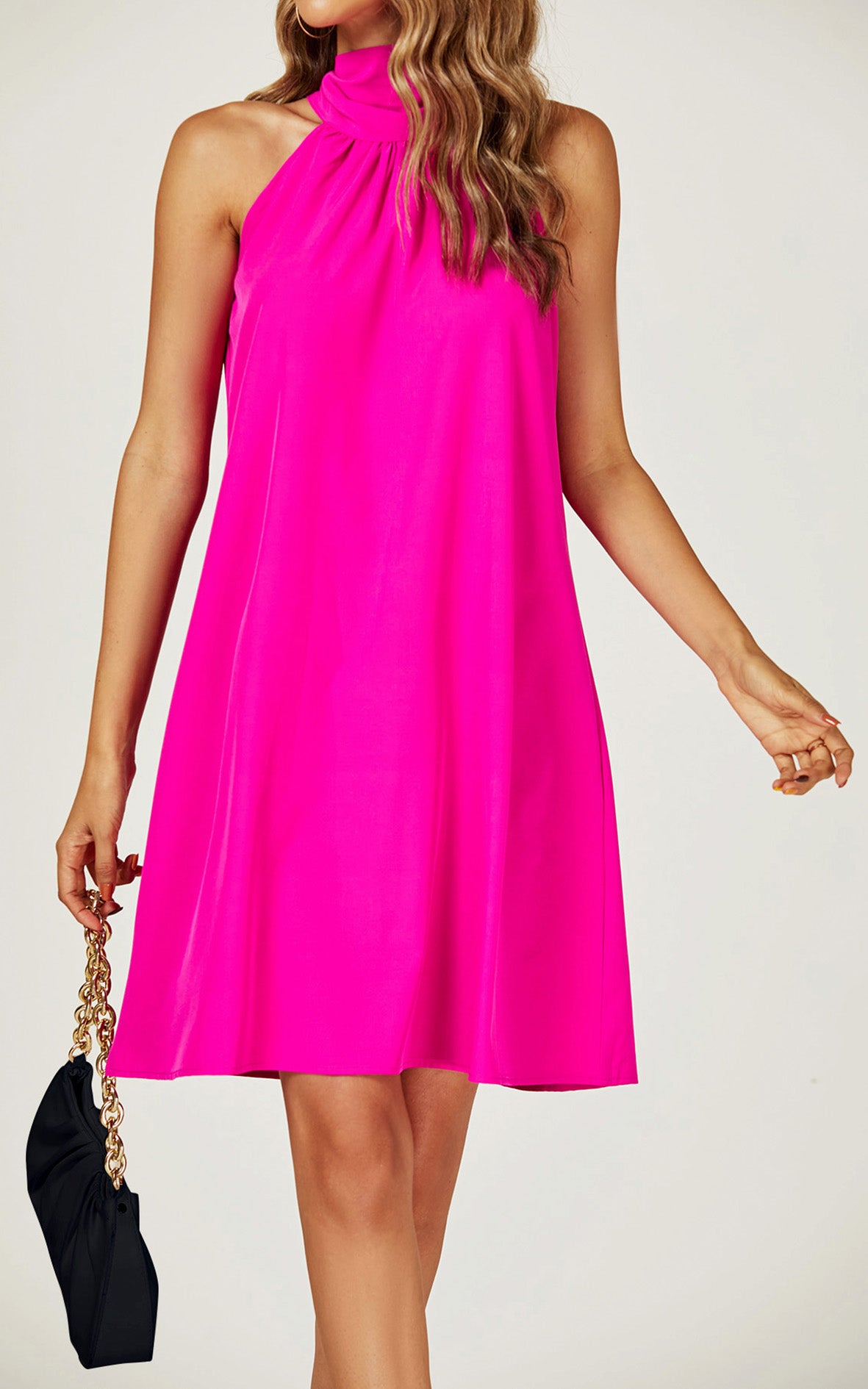 Halter Neck Tie Back Mini Dress In Fuchsia