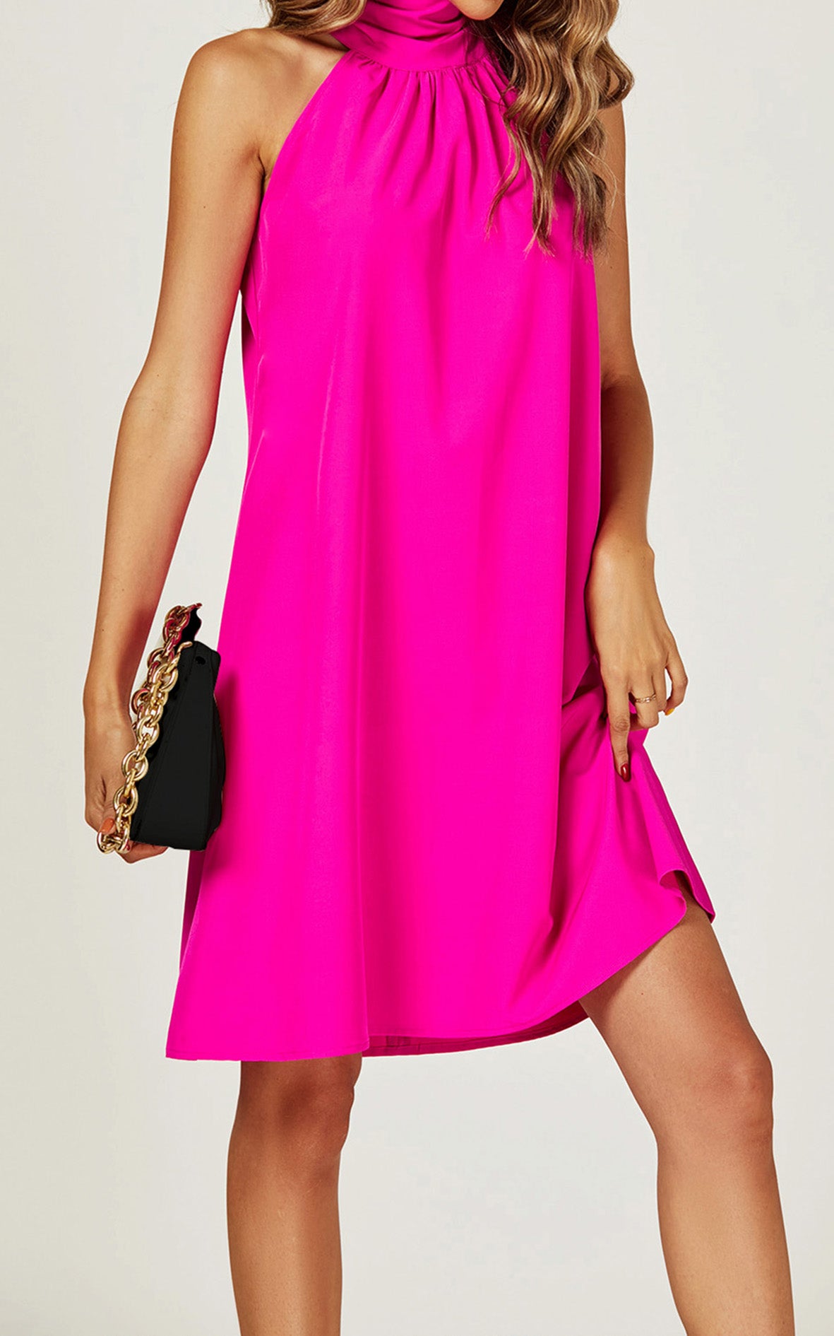 Halter Neck Tie Back Mini Dress In Fuchsia