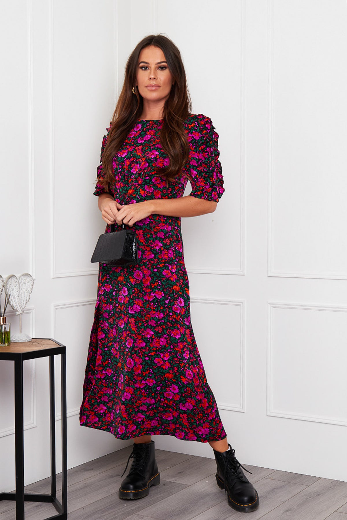 Adelyn Frill Sleeve Midi Dress Purple Floral
